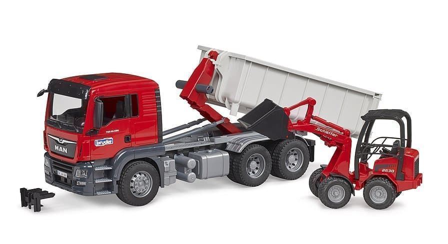 Camión MAN TGS con contenedor y cargador de juguete BRUDER 03767 - Imagen 1