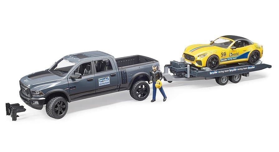 Coche De Juguete RAM 2500 Power Wagon Con Remolque Y Coche De Carrera Escala 1:16 BRUDER 02504 - Imagen 3