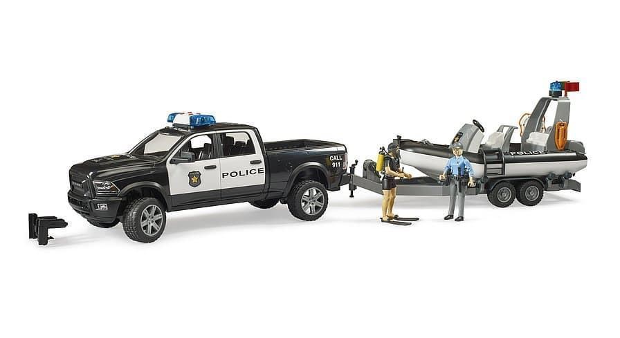 Furgoneta de policia RAM2500 pick up con remolque y bote de juguete BRUDER 02507 - Imagen 1