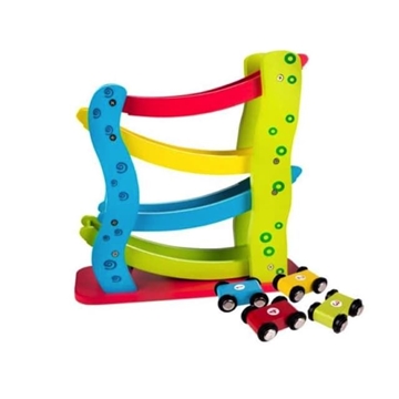 Pista de coches de madera con 4 coches - Imagen 1