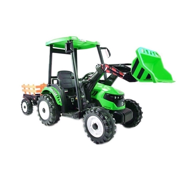 Tractor de batería 24V verde con pala delantera y remolque - Imagen 1