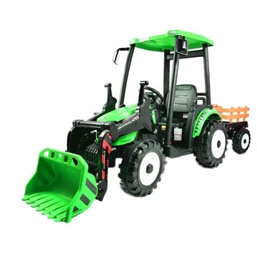 Tractor de batería 24V verde con pala delantera y remolque - Imagen 2