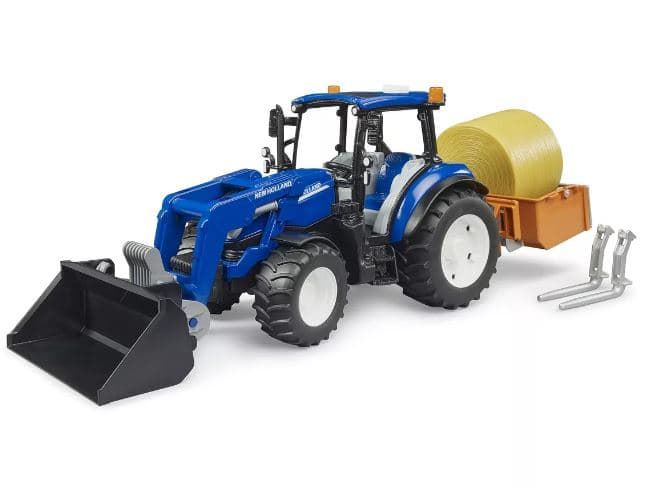 Tractor New Holland T5-120 con pala, caja de carga y horquillas de juguete BRUDER 02187 - Imagen 1