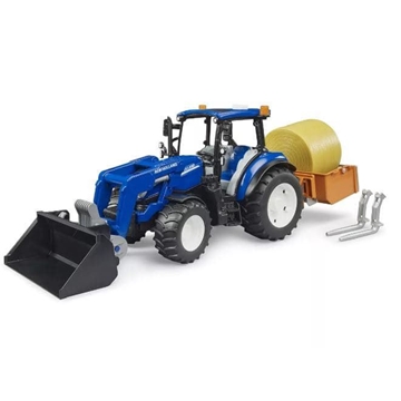Tractor New Holland T5-120 con pala, caja de carga y horquillas de juguete BRUDER 02187 - Imagen 1