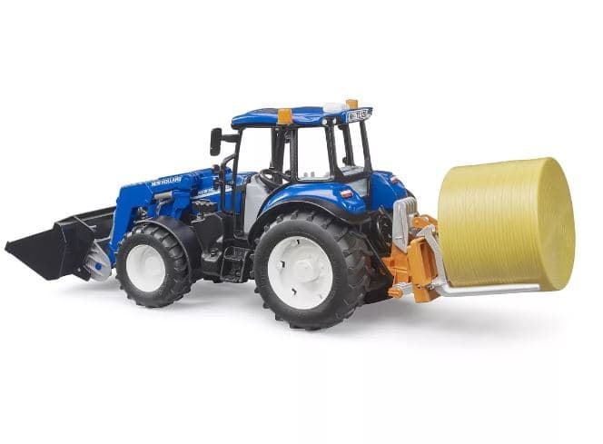 Tractor New Holland T5-120 con pala, caja de carga y horquillas de juguete BRUDER 02187 - Imagen 2