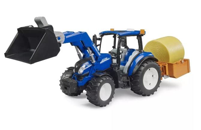 Tractor New Holland T5-120 con pala, caja de carga y horquillas de juguete BRUDER 02187 - Imagen 4