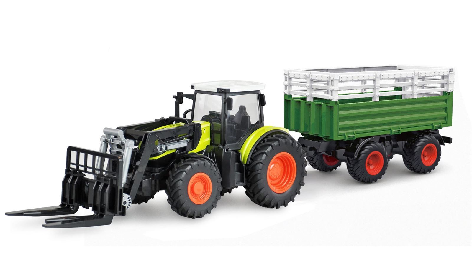 Tractor radiocontrol con remolque, rastrillo, horquilla, vaca y fardos de heno 1:24 RTR verde - Imagen 1